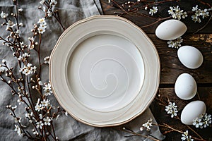 Spring table setting with flowers, branches and eggs. Empty white plate with decorations. Happy Easter holiday