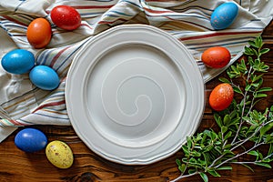 Spring table setting with flowers, branches and eggs. Empty white plate with decorations. Happy Easter holiday