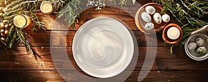 Spring table setting with flowers, branches and eggs. Empty white plate with decorations. Happy Easter holiday