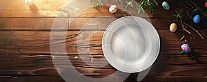 Spring table setting with flowers, branches and eggs. Empty white plate with decorations. Happy Easter holiday