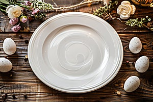 Spring table setting with flowers, branches and eggs. Empty white plate with decorations. Happy Easter holiday