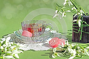 Spring tea party: a cup of tea with pink marmalade, bouquets of snowdrops around, white lace doily, pastel background, bokeh
