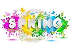 Spring text on colorful blots. Hand drawn elements with sasonal symbol.