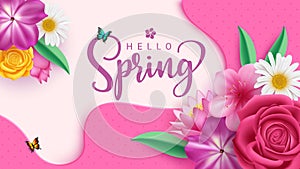 Spring text greeting vector design. Hello spring greeting card with beautiful and blooming flowers