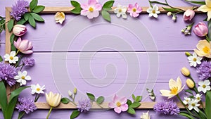 spring themed border frame on rustic pastel purp ai generated