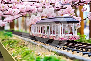 spring-themed mini railway encased with cherry blossom