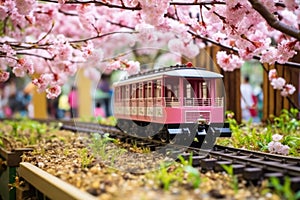 spring-themed mini railway encased with cherry blossom