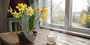 Spring Setting with Yellow Narcissus and Candle on the Wooden Table photo