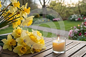 Spring Setting with Yellow Narcissus and Candle on the Wooden Table photo