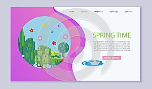 Spring time abstract colorful trees, flowers vector web banner illustration.
