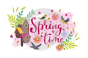 Spring time banner, vector illustration. Poster with lettering text design, graphic season greeting at card. Cartoon