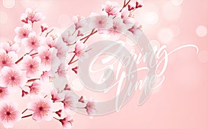 Spring time beautiful background with spring blooming cherry blossoms. Sakura branch with flying petals. Vector