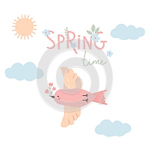Spring time card with bird in the sky with flower