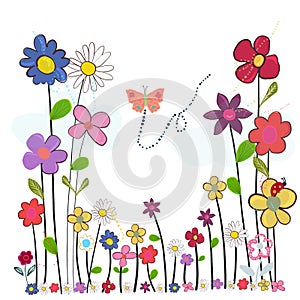 Spring time cartoon colorful doodle flowers. Abstract colorful floral vector background