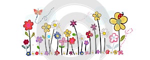 Spring time cartoon colorful doodle flowers. Abstract colorful floral vector background