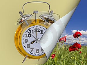 Spring time change clock yellow golden time alarm shandwows - 3d rendering