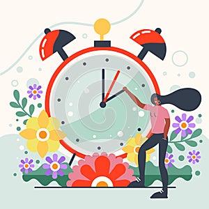 Spring time change illustration with woman and clock Vector illustration.