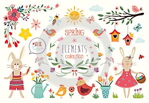 Spring time collection with decorative hand drawn elements and floral arrangements