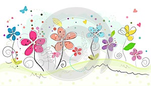 Spring time colorful abstract doodle flowers vector background