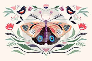 Spring time composition with floral butterfly and seasonal elements, flowers and birds;