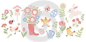 Spring time. Easter collection of paschal animal rabbit, chick and poultry, eggs, flowers, rubber boots with bouquet