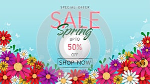 Spring time flowers sale banner and background.