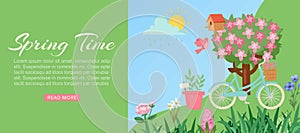 Spring time in garden web banner with birds, blooming trees, grass, dandelions and daisies, bike cartoon vector