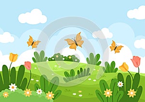 Spring Time Landscape Background with Flowers Season, Rainbow and Plant for Promotions, Magazines, Advertising or Websites. Nature