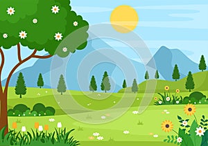 Spring Time Landscape Background with Flowers Season, Rainbow and Plant for Promotions, Magazines, Advertising or Websites. Nature