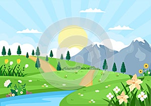 Spring Time Landscape Background with Flowers Season, Rainbow and Plant for Promotions, Magazines, Advertising or Websites. Nature