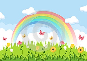 Spring Time Landscape Background with Flowers Season, Rainbow and Plant for Promotions, Magazines, Advertising or Websites. Nature