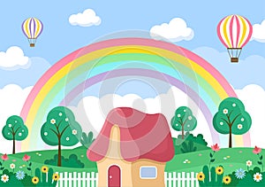 Spring Time Landscape Background with Flowers Season, Rainbow and Plant for Promotions, Magazines, Advertising or Websites. Nature