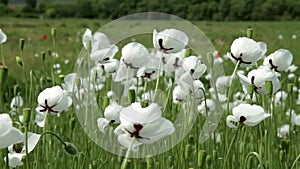 Spring time on the meadow, special white poppy flowers on the wind