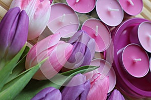 Spring time, Mothers day, flowers and candles, pink, purple, lovely time, nice smell, lovely colors, romantic colors, valentines