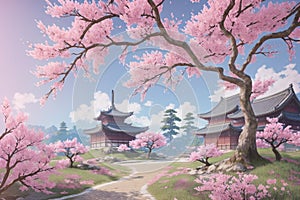 Spring time in nature with blooming tree. Blossoming cherry sakura tree, generative ai image