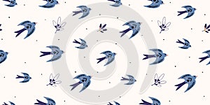 Spring time seamless pattern with birds in folk style