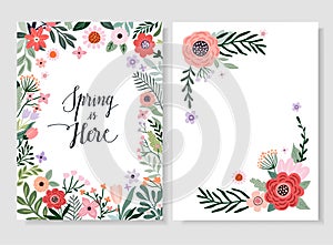 Spring time set with greeting cards, invitation, poster, floral frame, seasonal design