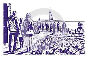 Spring tourists and tulips with Dutch landscape, monochrome retro style. Vector spring illustration with tulip fields and tourists