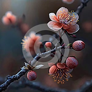 Spring Tree Flowers, Cherry Blossom, Blooming Sakura Drawing Imitation, Abstract Generative AI Illustration