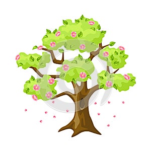 Spring tree with flowers and leaves. Seasonal illustration.