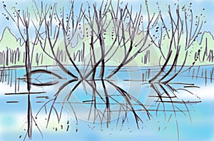 spring trees and bushes, reflections in the water, graphic drawing