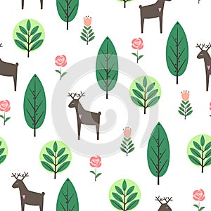 Spring trees, flowers and deer seamless pattern on white background.