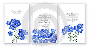 Spring, trendy, greeting or invitation card, template design with forget-me-not flowers in realistic style with high detail.