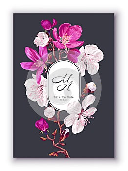 Spring, trendy, greeting or invitation card, template design with pink and white fruit tree flowers.