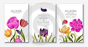 Spring trendy greeting or invitation design template with tulip and peony flowers