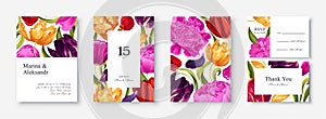 Spring, trendy, greeting or invitation design template with tulips and peonies leaves.