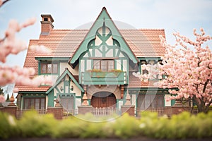 spring tudor home, gable with blossoms