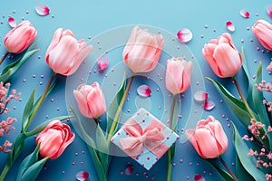 Spring tulip flowers, gift boxes on blue background top view in flat lay style. Greeting concept