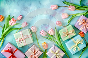 Spring tulip flowers, gift boxes on blue background top view in flat lay style. Greeting concept