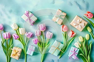 Spring tulip flowers, gift boxes on blue background top view in flat lay style. Greeting concept